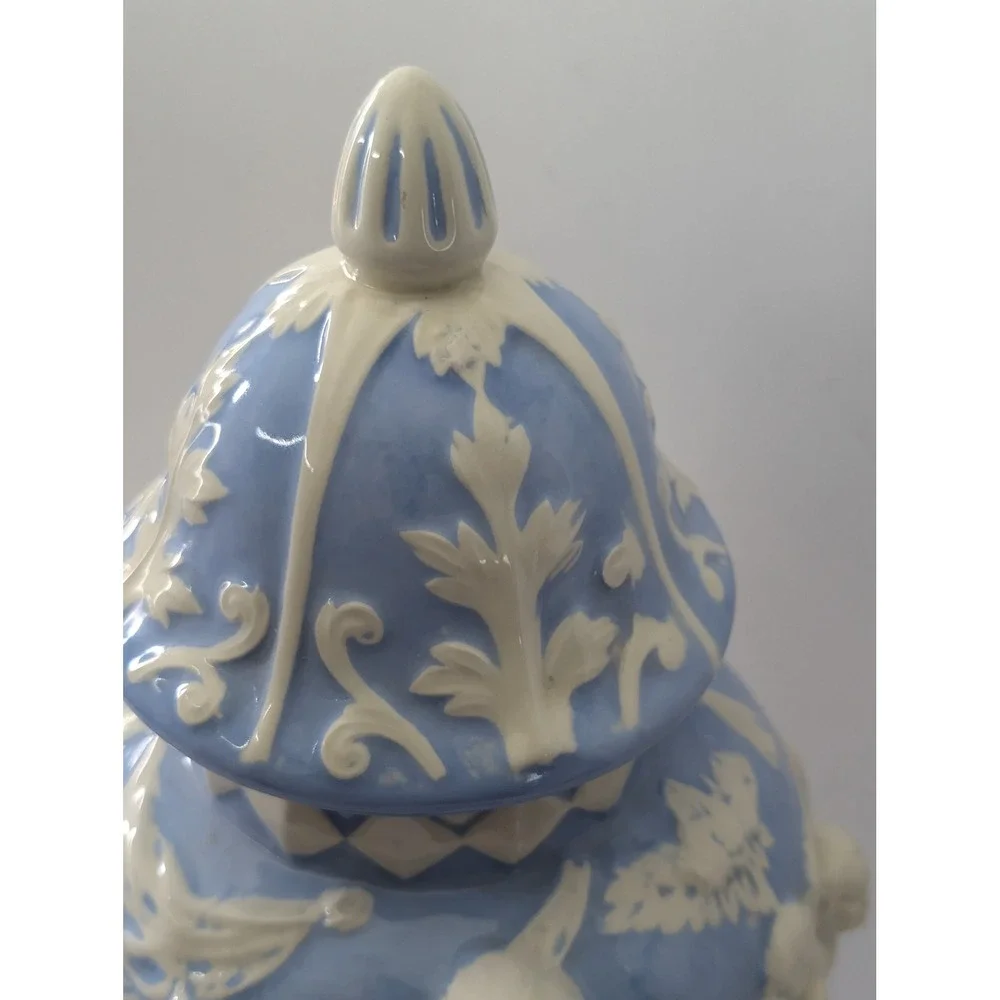 Blue and White Ceramic Cherub Ginger Jar Ornate Relief Urn w Lid 15i